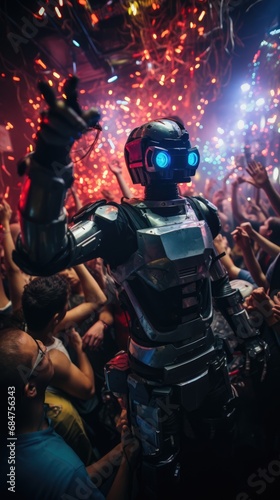  robots  androids  and humans thriving in dance at a futuristic party