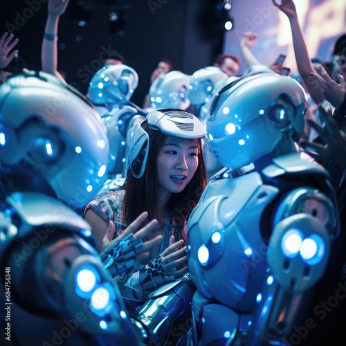  robots, androids, and humans thriving in dance at a futuristic party