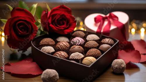 Valentine's Day celebrations are made more delightful with this elegant chocolate truffles set, amidst the romance of roses and soft lighting.
