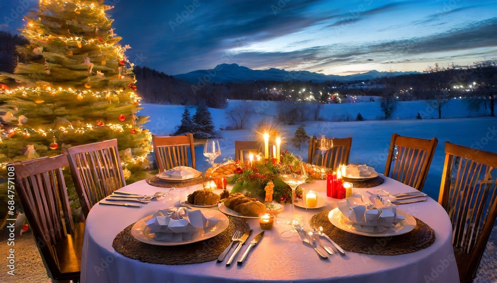 Cena navideña emtre montañas nevadas