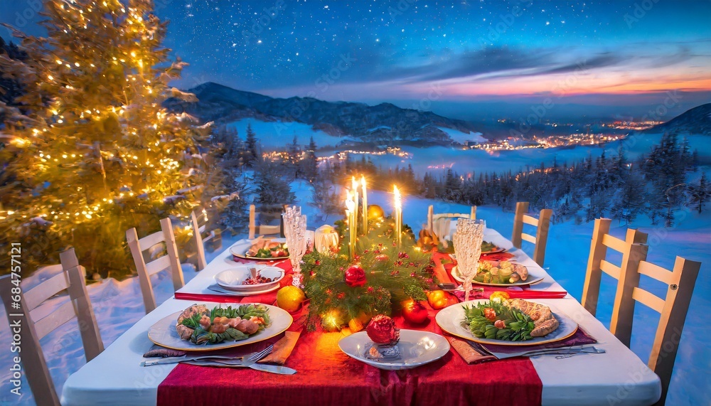 Cena navideña emtre montañas nevadas
