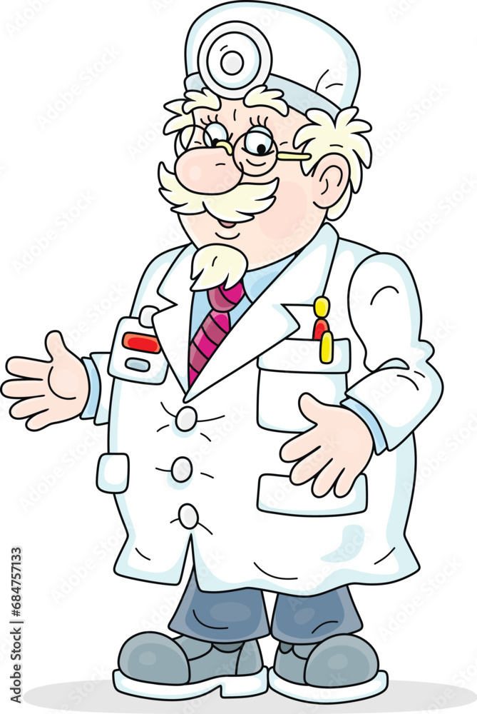 Good old doctor in a white hospital gown, friendly smiling and gesturing while talking, vector cartoon illustration on a white background Good old doctor in a white hospital gown, friendly smiling and gesturing while talking, vector cartoon illustration on a white background