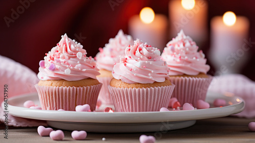 Pink frosted cupcakes adorned with heart sprinkles, a sweet gesture of love. Ideal for Valentine's Day or as a heartfelt gift.