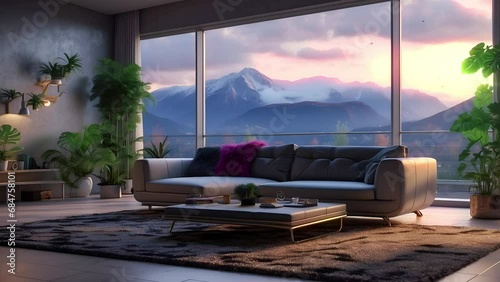 luxury living room, animated virtual backgrounds, stream overlay loop, sofa cozy interior golden hour sunset, vtuber asset twitch zoom OBS screen, anime chill atmospheric