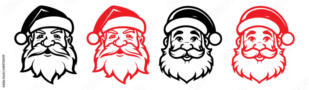 Santa claus logo in line art style. santa claus face beard moustache happy xmas christmas new year outline thin line vector icon black and red on white background. - obrazy, fototapety, plakaty 