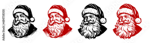 Santa claus logo in line art style. santa claus face beard moustache happy xmas christmas new year outline thin line vector icon black and red on white background.