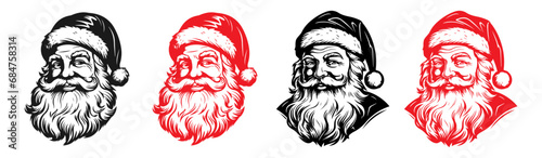 Santa claus logo in line art style. santa claus face beard moustache happy xmas christmas new year outline thin line vector icon black and red on white background.