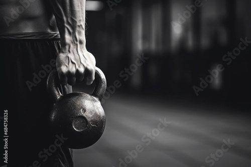 Person with Kettlebell performing crossfit exercise. Crossfit or cross training consists of an activity that encompasses strength and physical conditioning through the combination of aerobic exercises