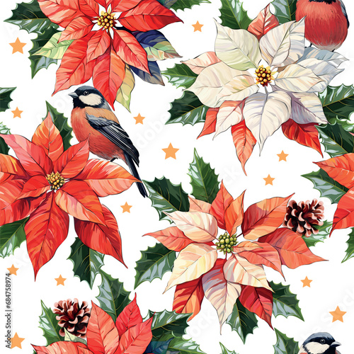 Christmas bright seamless vector pattern. Poinsettia flowers, bullfinches birds, Christmas tree branches, holly flower, berries. Festive New Year decoration.