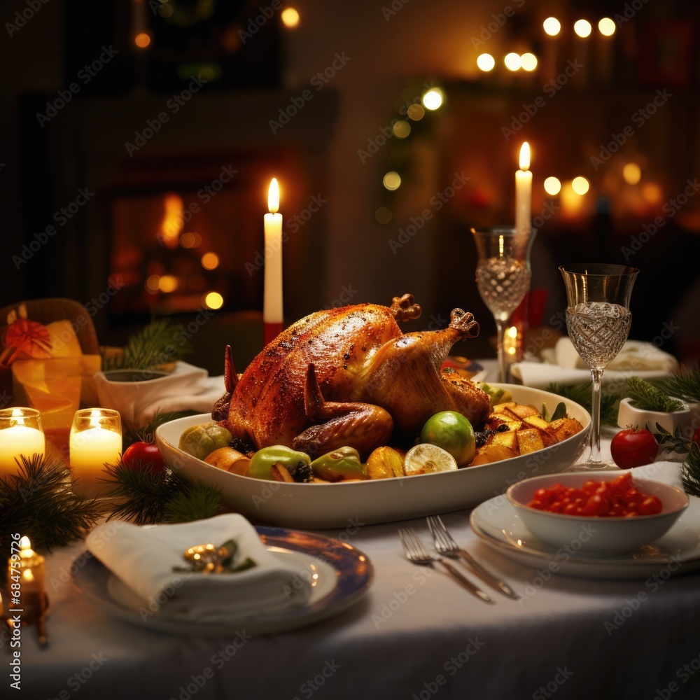 Medium shot of a gourmet roasted chicken, garnished with fresh herbs Medium shot of a gourmet roasted chicken, garnished with fresh herbs