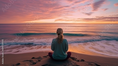 Yoga practice: a young woman sitting on the beach of the sea in the lotus position at sunset. Healthy lifestyle concept. Illustration for cover, postcard, interior design, decor or print.