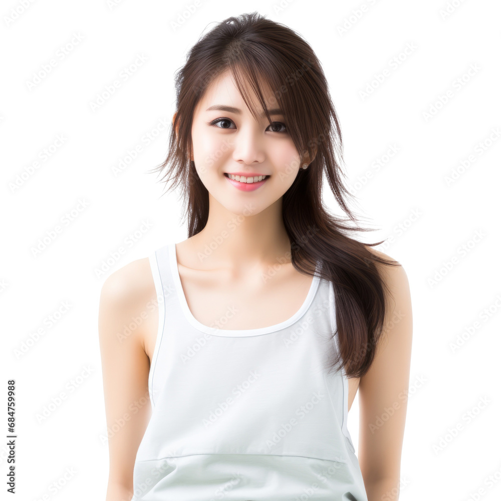 Portrait of a smiling Asian young woman isolated on white transparent, PNG. Japanese, Chinese girl. Portrait of a smiling Asian young woman isolated on white transparent, PNG. Japanese, Chinese girl.
