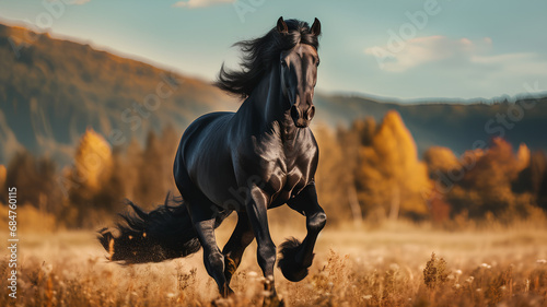 Running black horse at the field photo