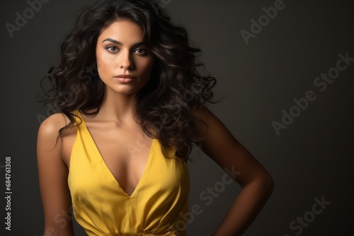 A chic model in a sunshine yellow romper, capturing attention against a modern and sleek charcoal gray background.