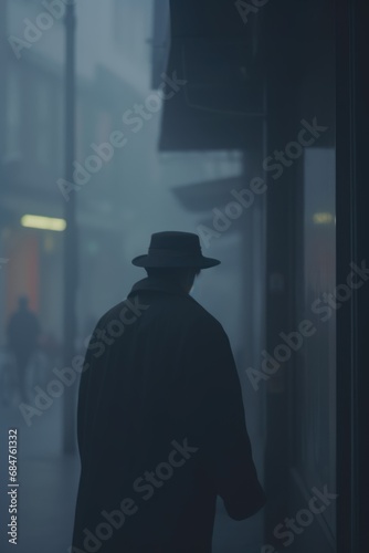 A solitary figure moves with purpose through the downpour. His obscured features and measured pace create an air of intrigue