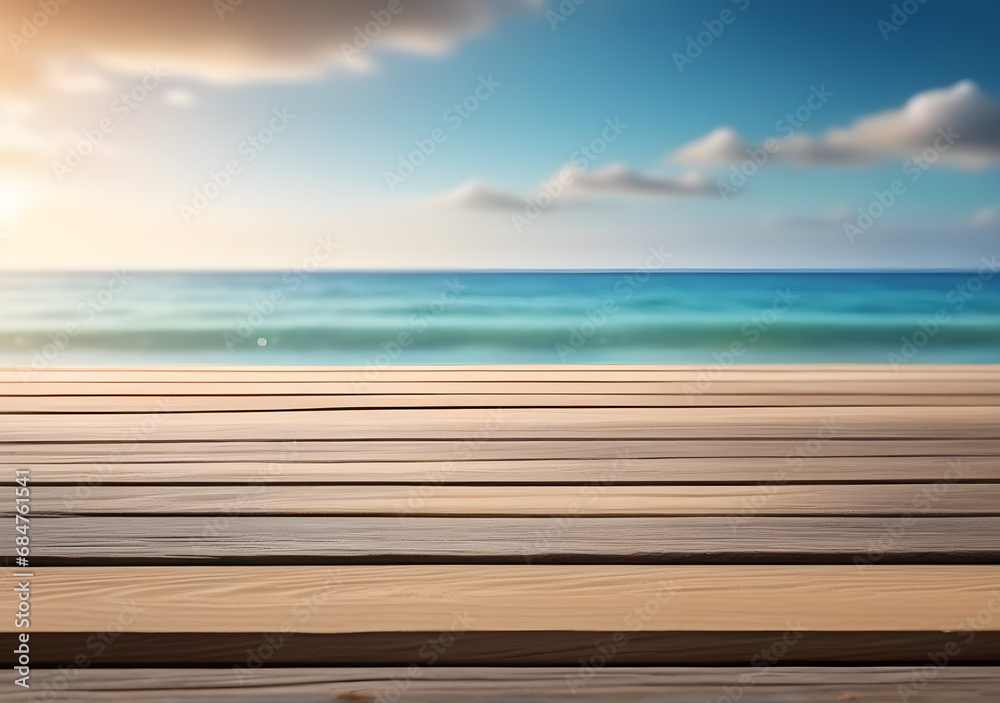 A coastal foreground texture scene of sand and wooden boardwalk to place products on with a blurred sea background. AI Generative