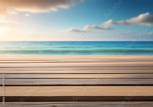 A coastal foreground texture scene of sand and wooden boardwalk to place products on with a blurred sea background. AI Generative © DAR