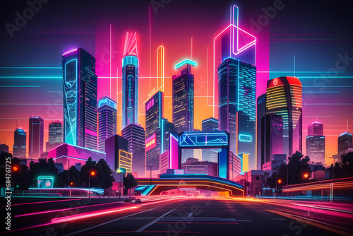 Experience the vibrant energy of Madrid's skyline in a retro 80s style with neon lights photo