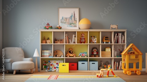 A clean and organized child's playroom with toys, books, and a play area. photo