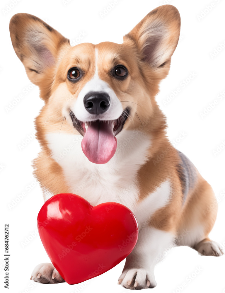 A cute corgi dog sitting in front of a heart for Valentines day showing its love, isolated on white background A cute corgi dog sitting in front of a heart for Valentines day showing its love, isolated on white background