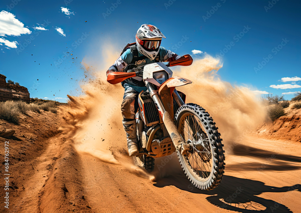 A motorcyclist on a bike rides through the sandy desert, at high speed dust flies from under the wheels