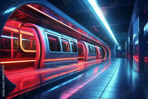 High speed futuristic train with neon glowing carriages at metro station