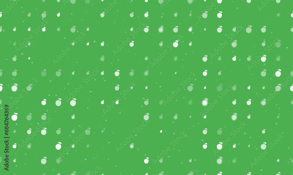 Seamless background pattern of evenly spaced white apple symbols of different sizes and opacity. Vector illustration on green background with stars