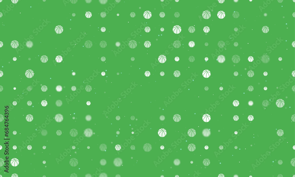 Seamless background pattern of evenly spaced white basketball symbols of different sizes and opacity. Vector illustration on green background with stars