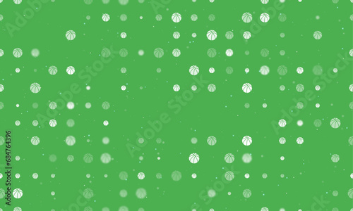 Seamless background pattern of evenly spaced white basketball symbols of different sizes and opacity. Vector illustration on green background with stars