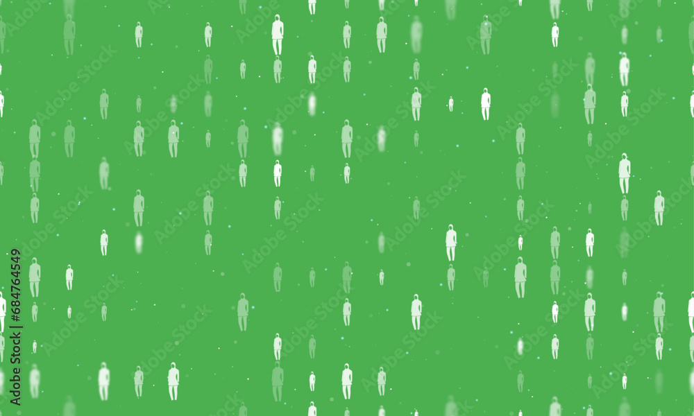 Seamless background pattern of evenly spaced white burkini symbols of different sizes and opacity. Vector illustration on green background with stars Seamless background pattern of evenly spaced white burkini symbols of different sizes and opacity. Vector illustration on green background with stars