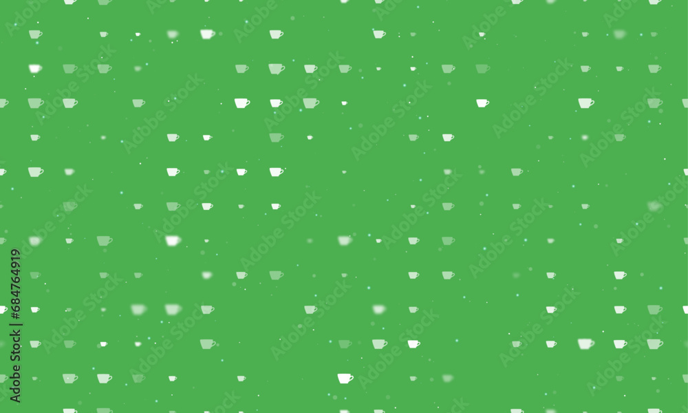 Seamless background pattern of evenly spaced white coffee cup symbols of different sizes and opacity. Vector illustration on green background with stars