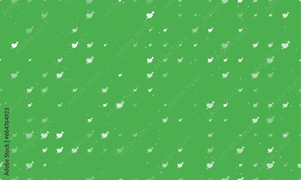 Seamless background pattern of evenly spaced white cupid arrow symbols of different sizes and opacity. Vector illustration on green background with stars Seamless background pattern of evenly spaced white cupid arrow symbols of different sizes and opacity. Vector illustration on green background with stars