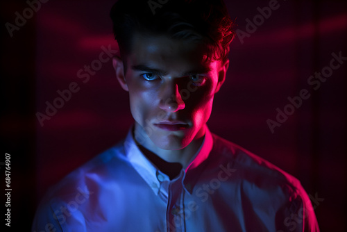 Neon light studio, man model, close-up portrait, neon clothes, neon blue ultraviolet, high-tech cyberspace, High Fashion male model