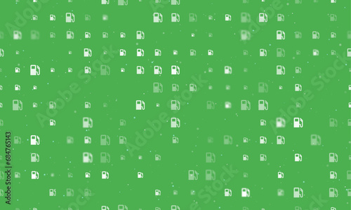 Seamless background pattern of evenly spaced white gas station symbols of different sizes and opacity. Vector illustration on green background with stars