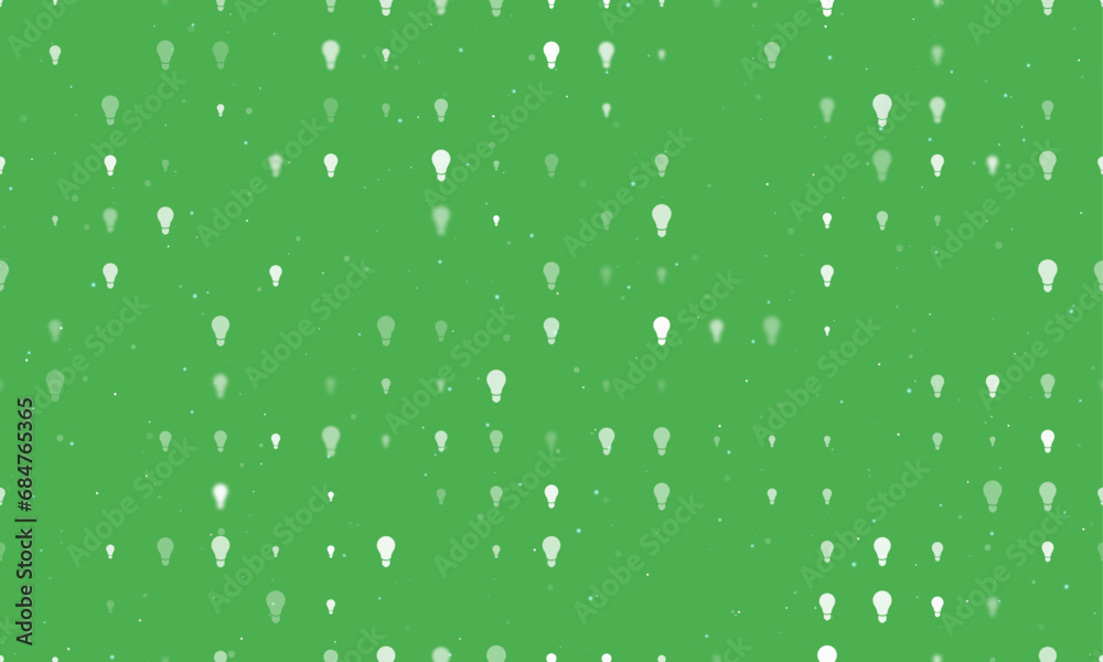 Seamless background pattern of evenly spaced white lamp symbols of different sizes and opacity. Vector illustration on green background with stars