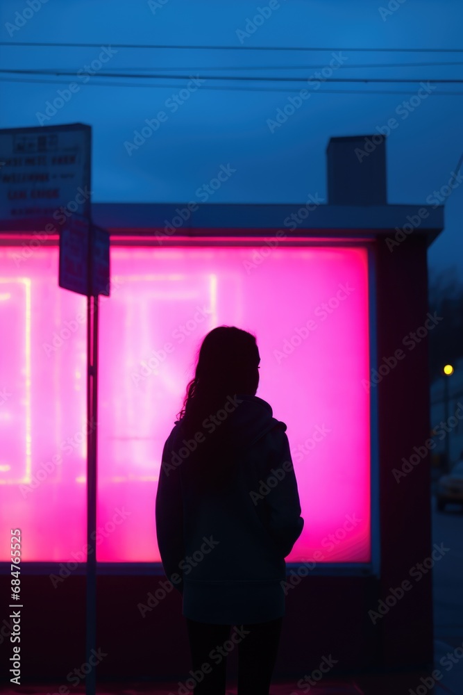 In the chilly embrace of an '80s neon-lit night, a woman stands outside the club