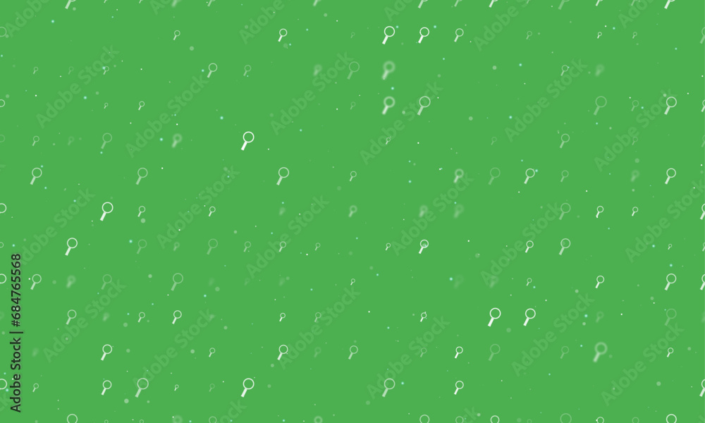 Seamless background pattern of evenly spaced white magnifier symbols of different sizes and opacity. Vector illustration on green background with stars