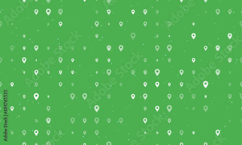 Seamless background pattern of evenly spaced white location symbols of different sizes and opacity. Vector illustration on green background with stars