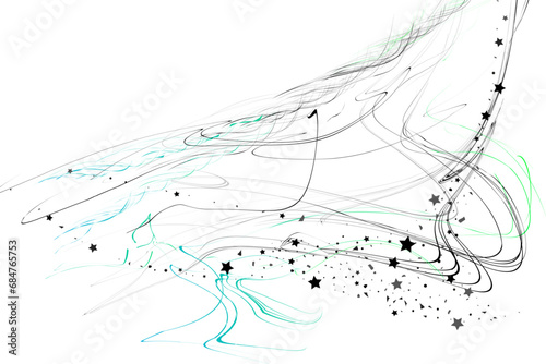 Confetti stars and pencil strokes. The stars fly along the trajectory of the lines. Black, white colors. Festive background. Vector illustration