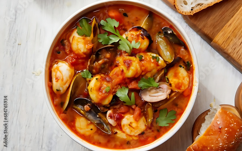 Capture the essence of Cioppino (San Francisco) in a mouthwatering food photography shot Generative AI