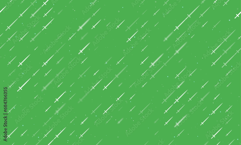 Seamless background pattern of evenly spaced white sword symbols of different sizes and opacity. Vector illustration on green background with stars