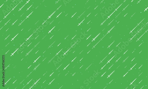 Seamless background pattern of evenly spaced white sword symbols of different sizes and opacity. Vector illustration on green background with stars