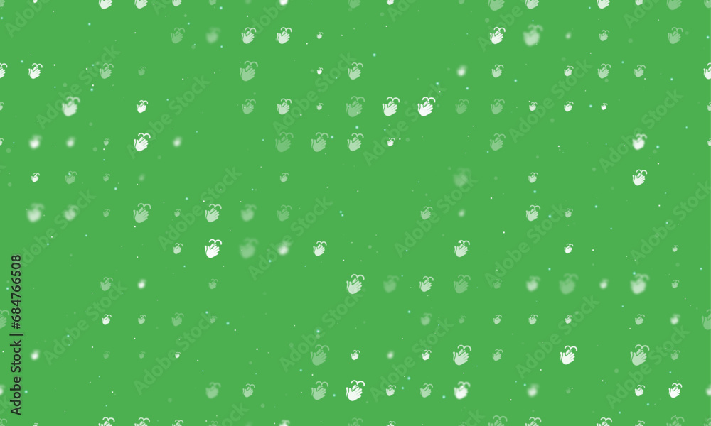 Seamless background pattern of evenly spaced white washing hands symbols of different sizes and opacity. Vector illustration on green background with stars