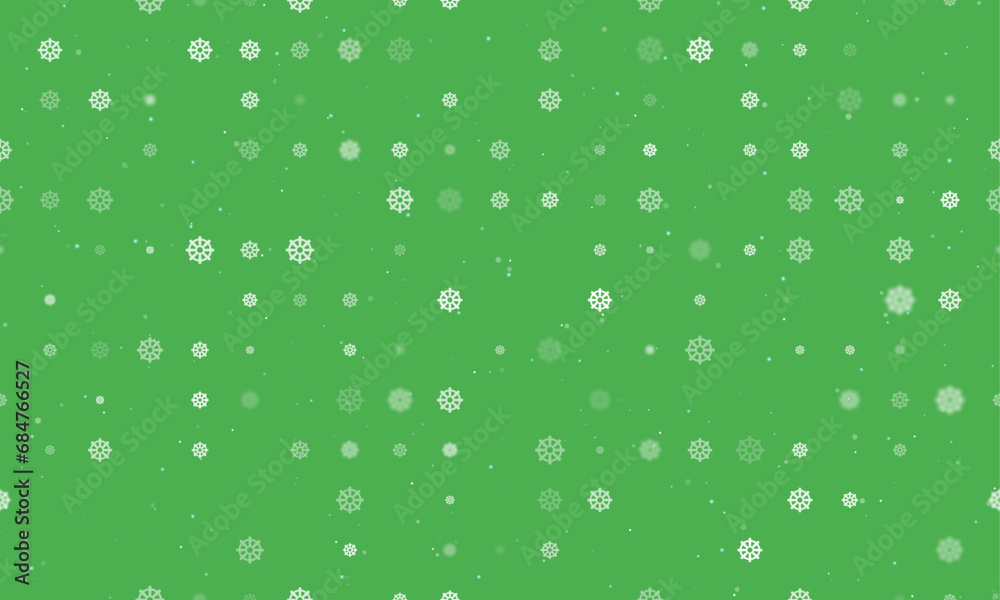 Seamless background pattern of evenly spaced white wheel symbols of different sizes and opacity. Vector illustration on green background with stars