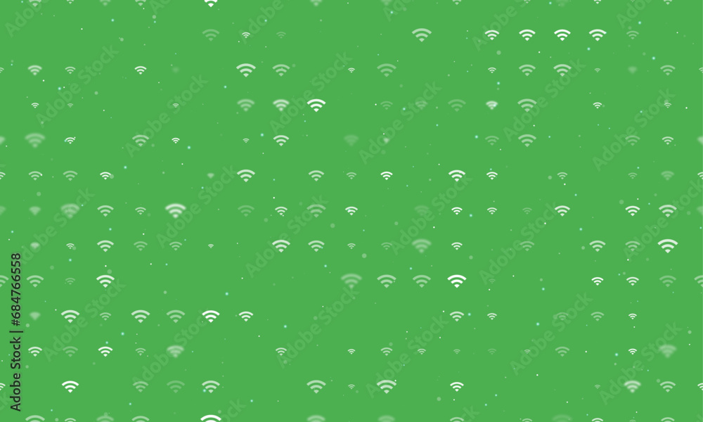 Seamless background pattern of evenly spaced white wifi symbols of different sizes and opacity. Vector illustration on green background with stars