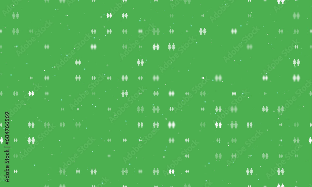 Seamless background pattern of evenly spaced white woman with woman symbols of different sizes and opacity. Vector illustration on green background with stars