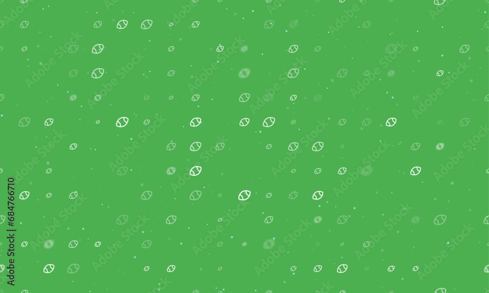 Seamless background pattern of evenly spaced white rugby symbols of different sizes and opacity. Vector illustration on green background with stars