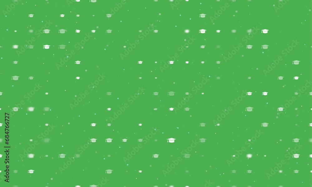 Seamless background pattern of evenly spaced white square academic cap symbols of different sizes and opacity. Vector illustration on green background with stars