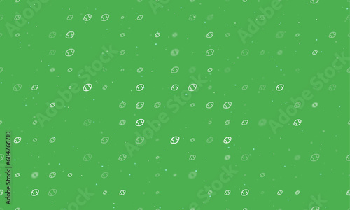 Seamless background pattern of evenly spaced white rugby symbols of different sizes and opacity. Vector illustration on green background with stars