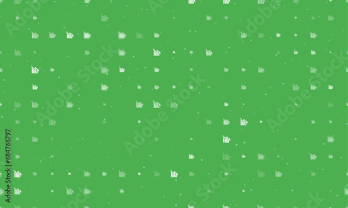 Seamless background pattern of evenly spaced white chart down symbols of different sizes and opacity. Vector illustration on green background with stars